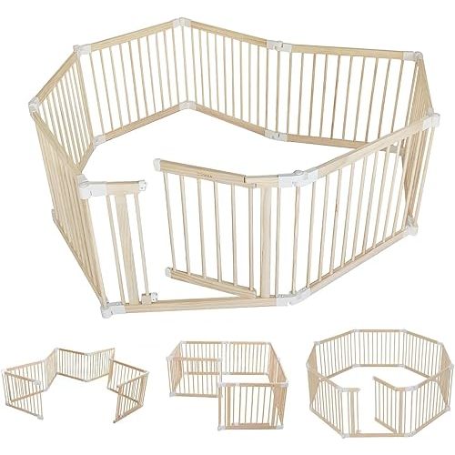 Foldable Wooden Baby Playpen Play Yard for Babies and Toddlers, 2 in 1 Large Portable Fence Custom Tall Wood Gate with Adjustable Size & Shape for Infants 6-12 Months Indoor/Outdoor Area