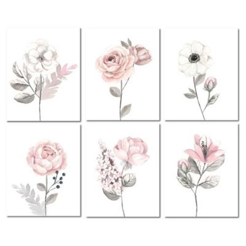 Lambs & Ivy Watercolor Floral Unframed Nursery Child Wall Art 6pc - Pink/gray