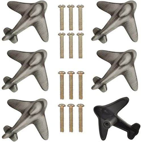 6 Pack Airplanes Knobs Door Handle Cabinet Pull Dresser Single Hole Plane Shape Knobs Handles Drawer Pulls for Furniture (Ancient Silver)