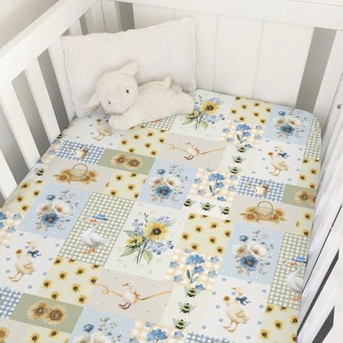 Vintage Geese Floral Patchwork Baby Crib Sheets for Boy Girl Duck Bows Sunflowers Plaids Soft Snug Fitted Crib Mattress Covers for 52x28 Standard Crib & Toddler Mattress Spring Farm Animal Bed Sheets