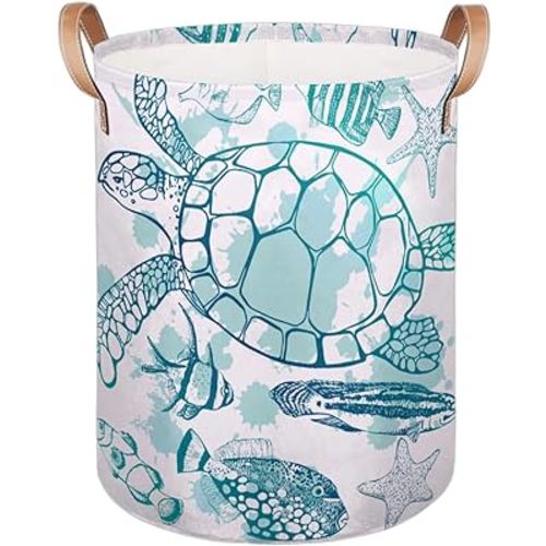 Large Laundry Hamper Basket Ocean Theme Round Freestanding Clothes Basket, Sea Turtle Collapsible Storage Organizer Bin with Leather Handles for Dirty Clothes Toys, Nursery Home Storage 16"W x 20"H