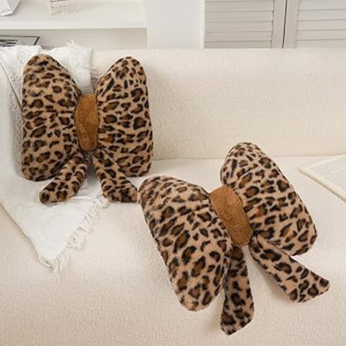 2Pcs Leopard Print Bow Throw Pillow Furry Bow Plush Pillows Cute Flower Plush Pillow Cheetah Home Decor Stuffed Bow Lumbar Pillow for Bed Couch Living Room Decor (Brown, 16in Bowknot)
