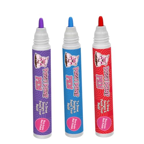 Piggy Paint | 100% Non-Toxic Girls Nail Polish Pen Marker | Safe, Cruelty-free, Vegan, & Low Odor for Kids |3-pack Princess Pop Piggy Pen Bundle - PURPLE Power, Blazin' BLUE, Razzle RED | Non-toxic Markers for Little Girls & Kids of All Ages, Water Bas...