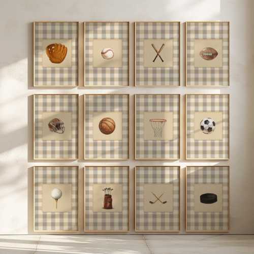 Set of 12 Sports Prints | Vintage Style Illustrations | Baseball, Football, Golf, Hockey, Basketball,Soccer | Gingham Boys Room Nursery Art