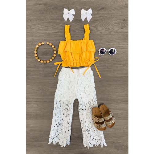 Mustard & White Floral Lace Pant Set