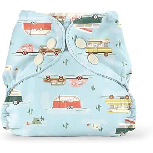 Esembly Cloth Diaper Outer, Waterproof Cloth Diaper Cover, Swim Diaper, Leak-Proof and Breathable Layer Over Prefolds, Flats or Fitteds, Reusable with Snap Closure, Size 2, Vintage Campers