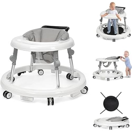 Baby Walker Foldable with 9 Adjustable Heights, Baby Walker with Wheels Portable, Infant Toddler Walker for Baby Boy Girls 6-18 Months (White)