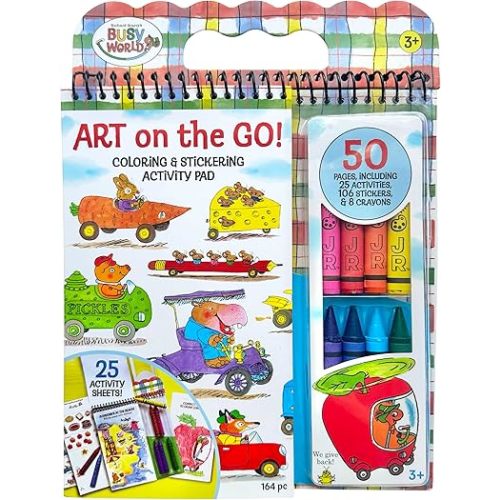 Bright Stripes Richard Scarry's Busy World Art on The Go - Travel Coloring Kit for Kids Art Supplies Arts & Crafts Kits for Kids for Ages 3-5 - Portable 50-Page Activity Pad with Crayons Preschool Fun