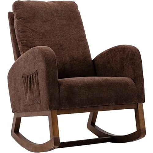 Dolonm Rocking Chair Mid-Century Modern Nursery Rocking Armchair Upholstered Tall Back Accent Glider Rocker for Living Room (Brown)