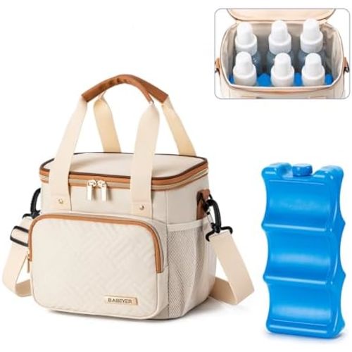 Breastmilk Cooler Bag with Ice Pack Fits 6 Baby Bottles up to 9 Ounce, Breast Milk Pump Cooler Bag for Nursing Mom Daycare, Work, Travel-Cream