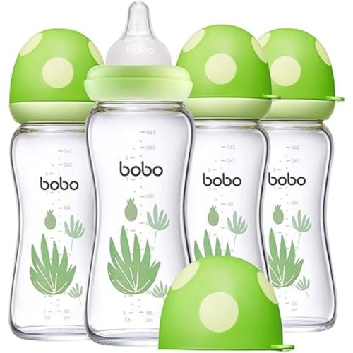 YOHKOH Natural Glass Baby Bottle with Natural Response Nipple, Newborn Anti-Colic Baby Bottles, Wide Neck Mushroom Cap Baby Bottle, Clear (8.8oz (Pack of 4), Green)