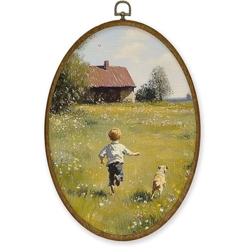 JMENGSSFL Country Boy Oval Wall Art Decor, Rustic Farmhouse Dog and Boy Canvas Prints, Rustic Cottagecore Animal Framed Wall Art for Home Bedroom Living Room Decor, 8.6x11.4 Inch