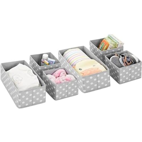 mDesign Fabric Drawer Divider Organizer Bin, Nursery/Bedroom Dresser, Closet, Shelf, Playroom Organization, Hold Clothes, Toys, Diapers, Bibs, Set of 3, 2 Pack, Gray/White Polka Dot