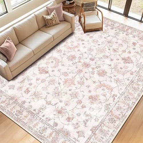 8x10 Area Rug Print Washable for Living Room Low Pile Non Slip Soft Thin Carpet Boho Vintage Floral Rug Stain Resistant for Bedroom Dining Room Kitchen Playroom Lightpink