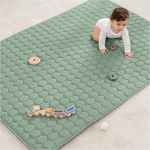 Comfy Cubs Rectangle Kids Play Mat - Medium 48 x 72 inches Soft Quilted Baby Floor Mat with Non-Slip Bottom - Plush Design for Toddlers Playtime and Relaxation - Comfortable and Durable - Sage