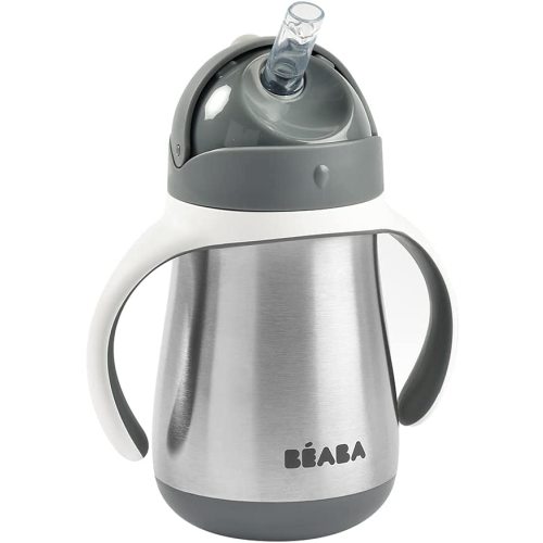 Beaba Stainless Steel Straw Sippy Cup with Handles, Toddler /Baby Insulated Cup, 8+ mths, 8.5 oz, Charcoal