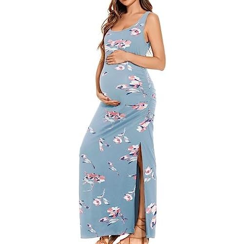 Smallshow Women's Split Long Maternity Dress Sleeveness Ruched Pregnancy Clothes