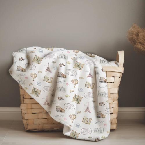 Personalized Adventure Baby Blanket. Adventure Awaits Baby Blanket. Passport. Stamp. Maps. Hot air balloon. Personalized travel baby blanket