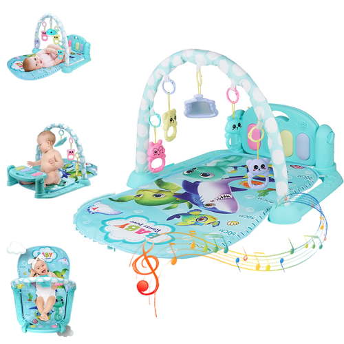 Baby Gym Play Mat 3 in 1 Fitness Music and Lights Fun Piano Activity Mat Infant Newborn Toys(Blue)