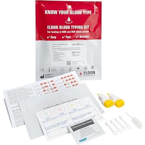 Eldoncard INC Blood Type Test (Complete KIT) - Find Out if You are A, B, O, AB & RH- Results in Minutes - Air Sealed Envelope, Safety Lancet, Micropipette, Cleansing Swab - 1 Pack
