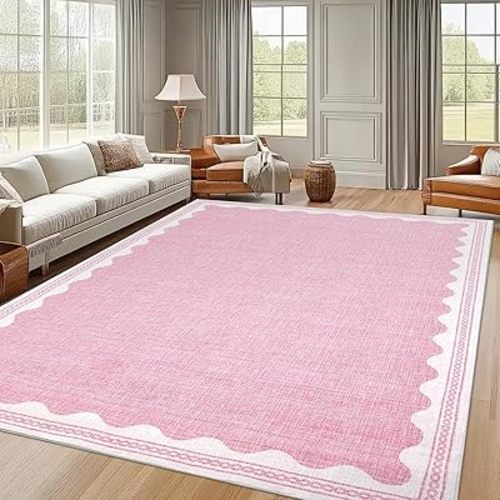 Scalloped Washable Rug 9x12 Area Rugs for Living Room, Solid Pink Rug for Bedroom Girls, Non Slip Throw Mat with Rubber Back, Soft Dorm Nursery 9x12 Carpet for Dining Room