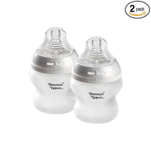 Tommee Tippee Silicone Coated Glass Baby Bottles for Feeding, 5 0z, Anti-Colic, 0+ Months, Slow Flow Breast-Like Nipple, Shatter-Proof Glass, BPA Free, Pack of 2