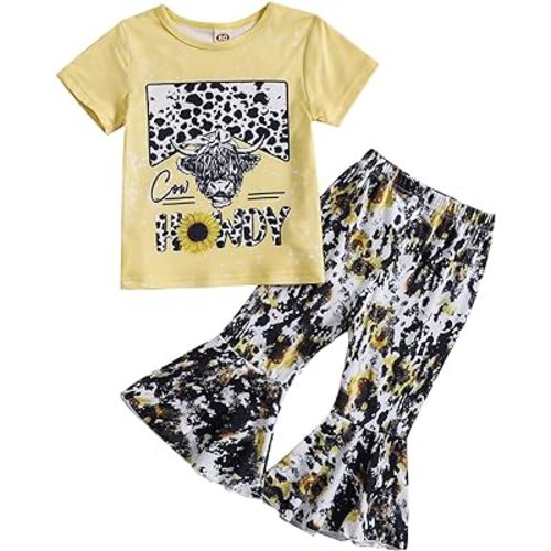 Fernvia Toddler Baby Girl Clothes Summer Crew Neck Letters Print T-Shirt with Flare Pants Headband 3Pcs Outfits Set