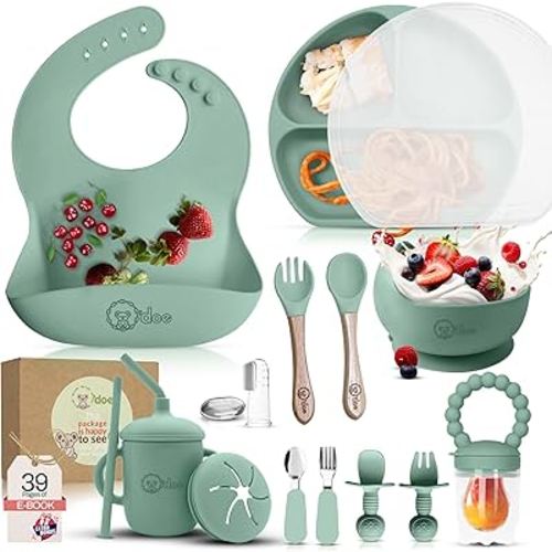 O'doe 17-Piece BPA-Free Silicone Baby Feeding Set | Thick & Soft Suction Plates, Baby Bowls, Wooden Fork & Spoon, and More | Make Mealtime Fun and Easy for Your Little One (Green, V2)