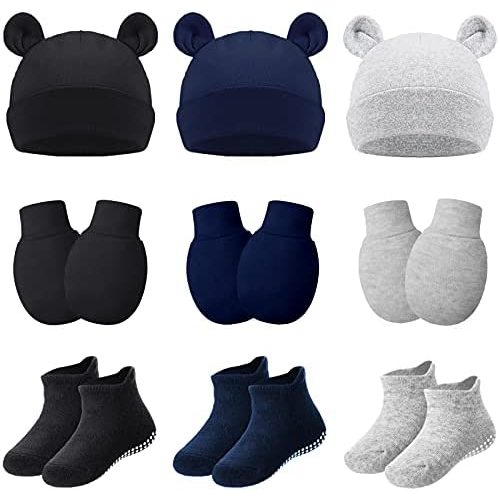 Geyoga 9 Pieces Newborn Baby Hat Mittens Sock Set Bear Ears Hat Mittens No Scratch Gloves for 0-12 Months Boy Girl