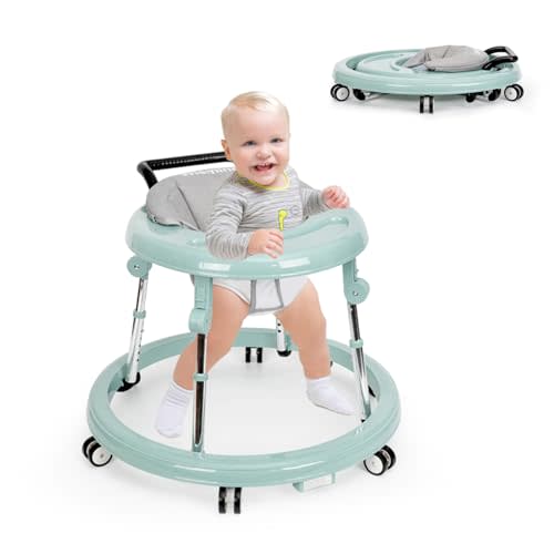 Baby Walker Foldable with 9 Adjustable Heights, Baby Walkers for Boys Girls Babies 7-18 Months, Baby Walker with Wheels Portable(Grey Green)