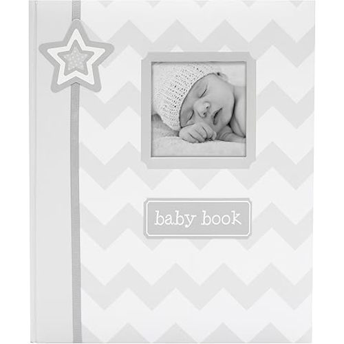 Lil' Peach First 5 Years Baby Memory Book, Gray Chevron Milestone Journal & Scrapbook, Newborn to Age 5 Keepsake Record Book with Fill-In Pages, Photo Insert Cover
