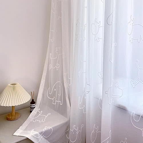 Cartoon 3D Animals Sheer Curtains for Kids Bedroom Living Room Grommet Top White Light-filtering Embroidery Privacy Tulle Curtain for Boys Girls Bay Window Nursery Room 1 Panel (W52 L84 inch,White)