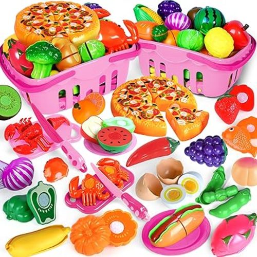 100 PCS Cutting Play Food Toy for Kids Kitchen, Pretend Food Toys for Toddlers, Play Kitchen Toys Accessories with 2 Baskets, for 3 4 5 Years Old Boys Girls, Pink