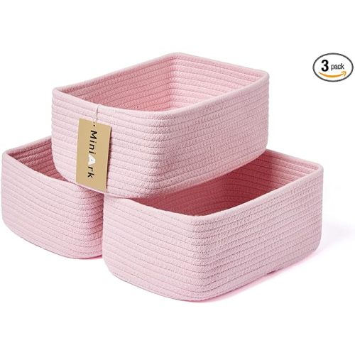 Shelf Storage Baskets for Organizing | Closet Organizer Bins | Small Toy Basket | Woven Rope Baskets | Cube Decorative Box | Shallow Basket | 11.5×7.5×4.7” | 3 Packs Pink