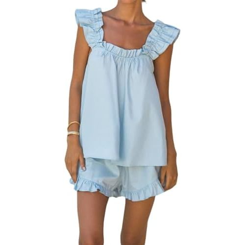 Women Summer Floral Pajama Set Ruffle Trim Cami Top Coquette Pj Set Gingham Babydoll 2 Piece Shorts Outfit