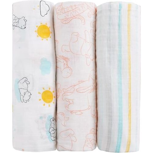 Disney Winnie The Pooh Yellow, Aqua, and White 3 Piece Muslin Swaddle Baby Blanket Set