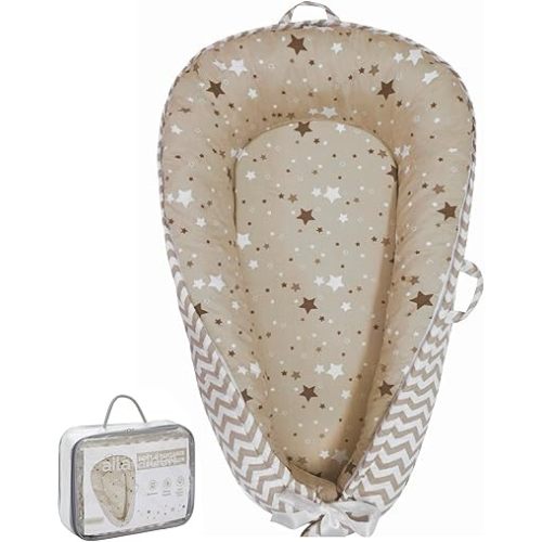 Baby Lounger | Organic Cotton Infant Lounger | Reversible, Adjustable & Portable Floor Lounger | Supervised Use | Soft, Breathable, Washable Cover- Star Collection (Tan)