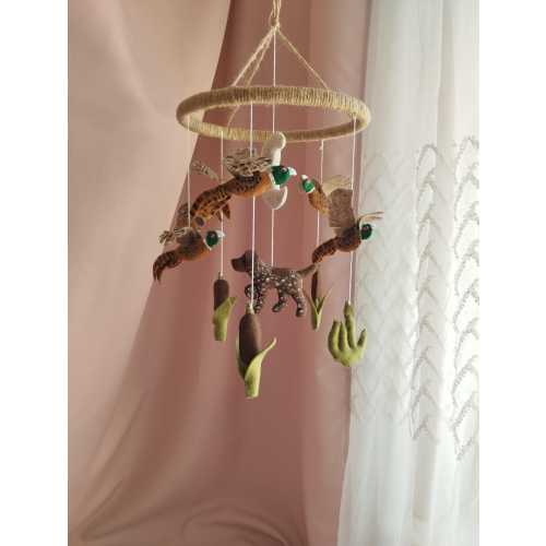 Pheasant Baby Mobile, Hunting GSP Dog Nursery Mobile, German Shorthaired Pointer Felt Crib Mobile, Boy Pheasant Baby Shower Gift, PO1373