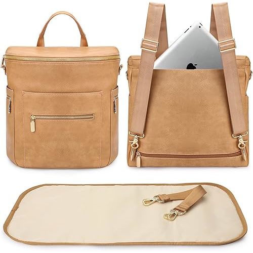 miss fong Diaper Bag Backpack Baby Diaper Bag, Large Leather Diaper Bag Backpack with 15 Pockets Diaper Bag Organizer, Changing Pad, Stroller Straps and 2 Insulated Pockets (Convertible, Peanut)