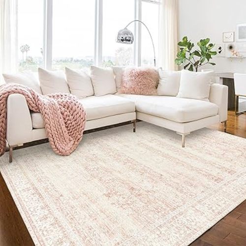 Pink Area Rug for Living Room Soft Washable Faux Wool Neutral Boho Floral Big Nursery Bed Bedroom Livingroom Carpet Size Extra Large Area Rugs 8x10