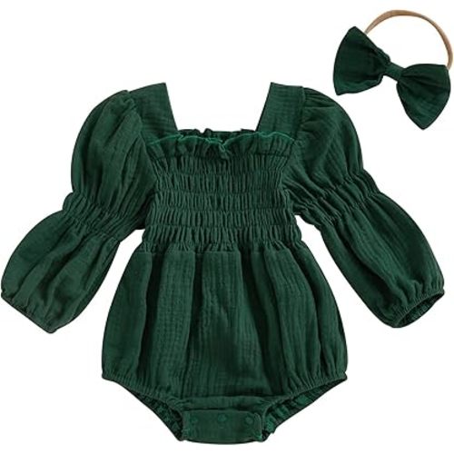 Smocked Baby Girl Clothes Newborn Girl Bubble Romper Long Sleeve Jumpsuit And Headband Outfit Cute Infant Clothing