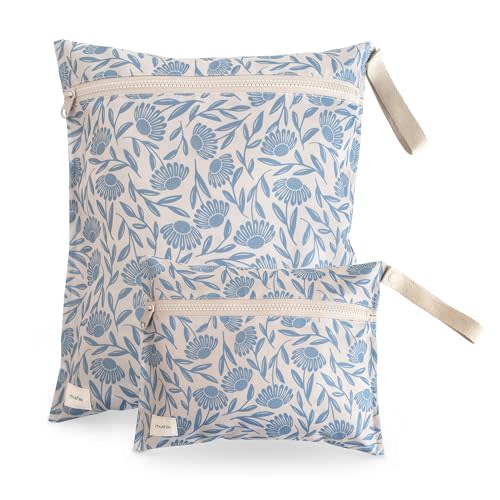 mushie Water Resistant Wet Bags | Large & Small Reusable Storage Bag for Baby Items and Travel | Zippered Pockets with Handle | Machine Washable, Set of 2 (Blue Flowers)