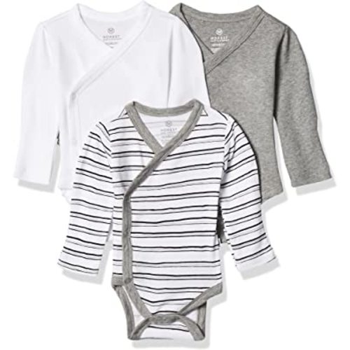 HonestBaby unisex-baby 3-pack Long Sleeve Side-snap Kimono Bodysuits Organic Cotton for Infant Baby Boys, Girls, Unisex
