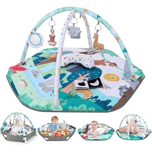Lilian&Gema Baby Play Gym Mat, Baby Tummy Time Mat with 6 Detachable Sensory Toys, Baby Activity Play Mat for Stage-Based Sensory & Motor Skill Development, Baby Gift for Newborn Infant
