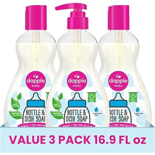 Dapple Baby Fragrance Free Bottle & Dish Soap - (3 Pack) 16.9 fl oz - Cleans Baby Bottles, Sippy Cups, Pacifiers, Breast Pumps, & More - Gently Removes Milk Film & Odors - Includes 1 Pump