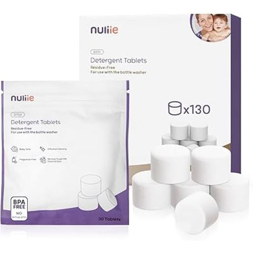 Nuliie 130 High-Efficiency Detergent Tablets for Momcozy, Baby Brezza, GROWNSY Bottle Washers, Fast-Dissolving, Remove Milk Residue & Odor, Gentle Formula Safe for All Baby Bottle Washers