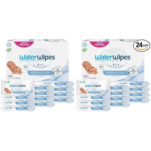 WaterWipes Sensitive+ Newborn & Baby Wipes, 3-In-1 Cleans, Cares, Protects, 99.9% Water, Unscented & Hypoallergenic, 60 Count (24 Packs)