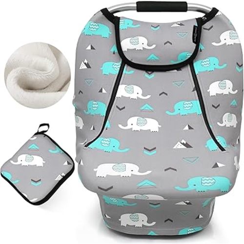 ACRABROS Car Seat Covers for Babies,Winter Autumn Spring Infant Carseat Cover Canopy for Boys and Girls,Stretchy Adjustable Peeping Window with Mesh Cover,Warm Breathable Universal, Baby Elephant