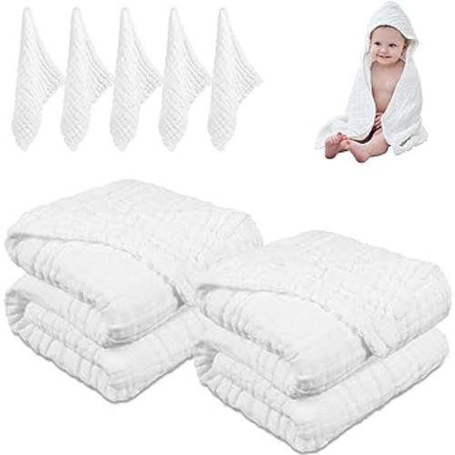 Baby Bath Towel & Muslin Washcloth 7 in 1 Set – 100% Muslin Cotton Hooded Towels for Babie –Hooded Towels & Baby Face Towels, Infant & Toddler–(2 Large Hooded Towels, 5 Washcloths)