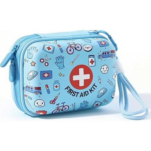 Mini First Aid Kit for Kids - 160 Pcs Water-Resistant Hard Shell Compact Emergency Kit for Travel, Home, School, Car, Camping & Hiking - Portable with Elastic Fabric Band-Aids
